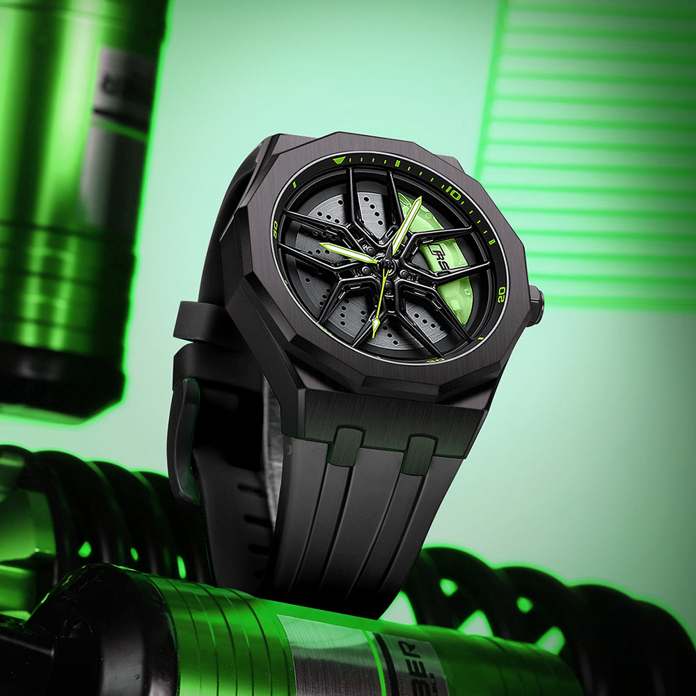 RS Q8 Polygon Green Caliber/Black Rubber Strap