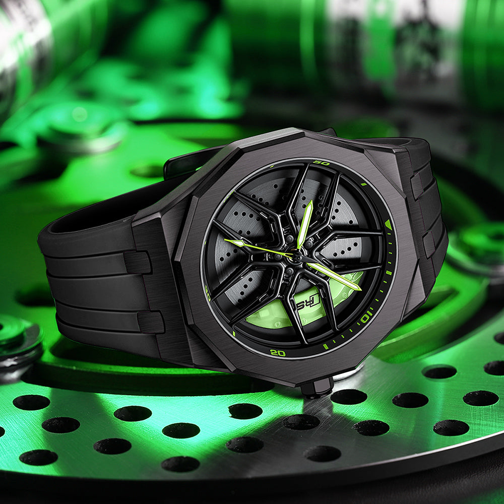 RS Q8 Polygon Green Caliber/Black Rubber Strap
