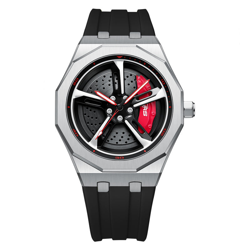 RS-7 Gyro Silver Polygon Case Red Caliber/Black Rubber Strap
